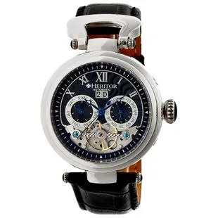 Heritor Mens Hudson Semi Skeleton Leather Band Watch Black Silver