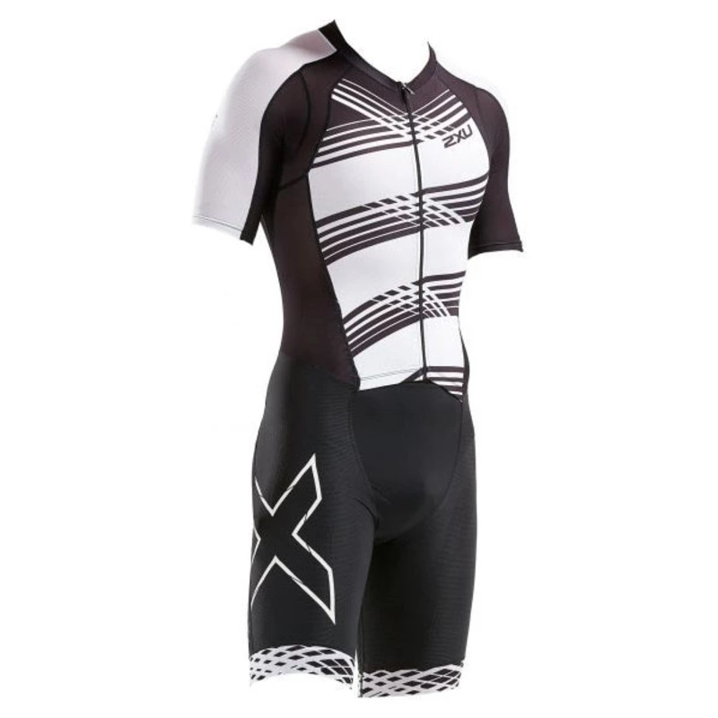 2XU Mens Comp Full Zip Sleeved Trisuit (Black/Black White Lines 