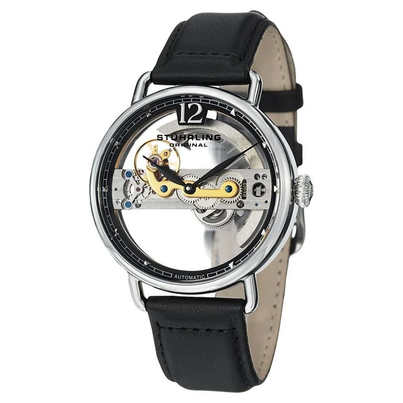 Stuhrling Mens Aristocrat Bridge Watch Black Dial Genuine Calf Skin
