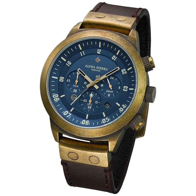 Alpha Sierra Defcon Mark V Chronograph Quartz Watch Bronze Blue Leath