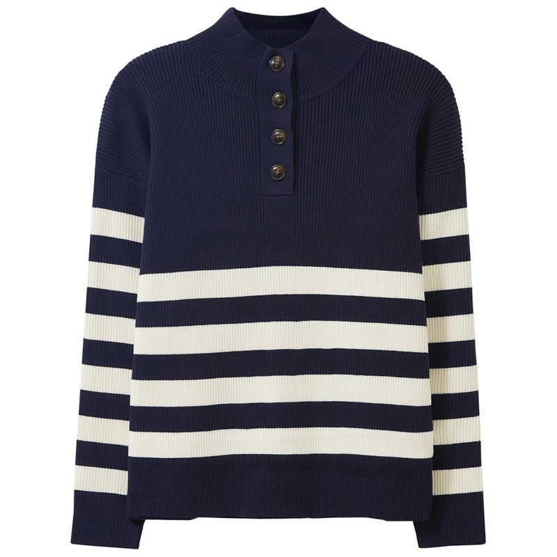 Crew Clothing Co. Womens Funnel Neck Button Knit Pullover (Navy/White)