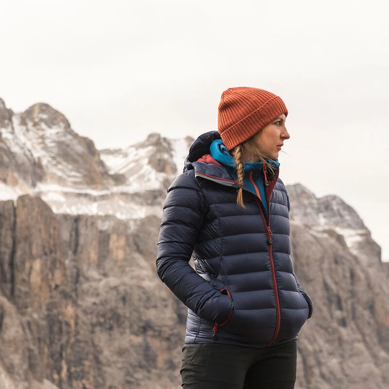 Fjern Womens Arktis II Down Hooded Jacket Navy Rust Sportpursuit.c