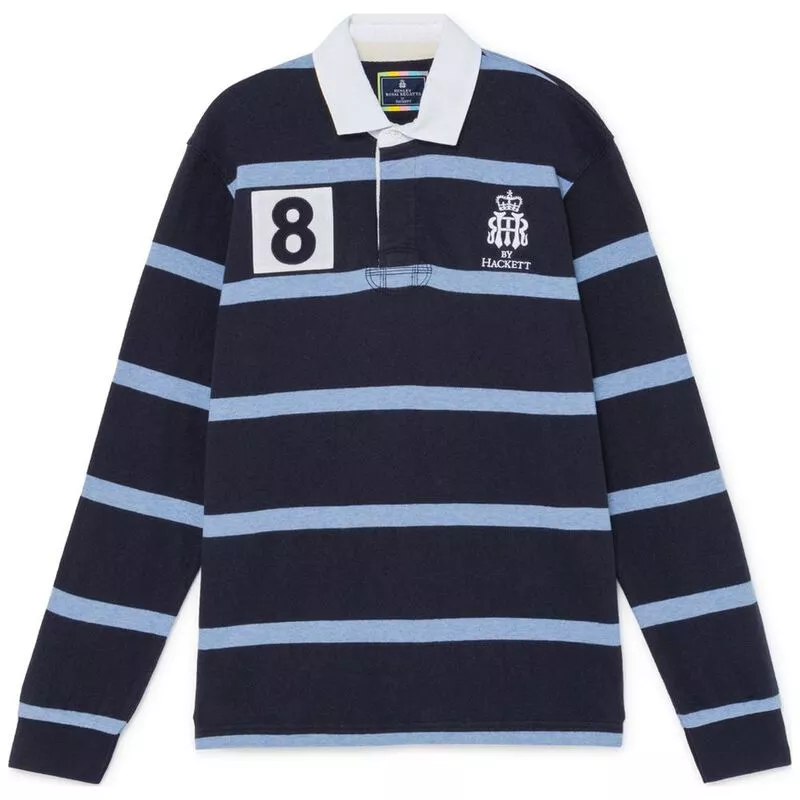 Hackett Mens HRR Inch Striped Rugby Polo Navy Sky Sportpursuit