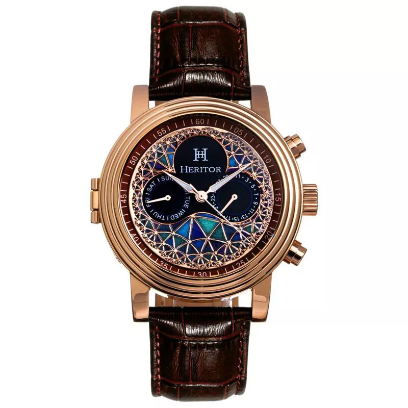 Heritor Mens Legacy Leather Band Watch Rose Gold Brown Sportpursui