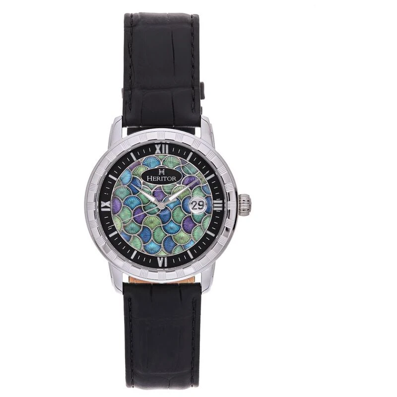 Heritor Mens Automatic Protege Leather Band Watch Silver Black Spo