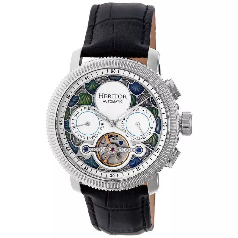 Heritor Aura Semi Skeleton Leather Band Heren Casual Horloge Zilverkl