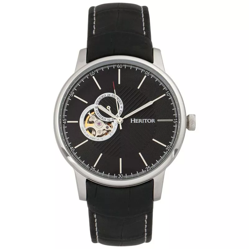 Heritor Mens Landon Semi Skeleton Leather Band Watch Silver Black