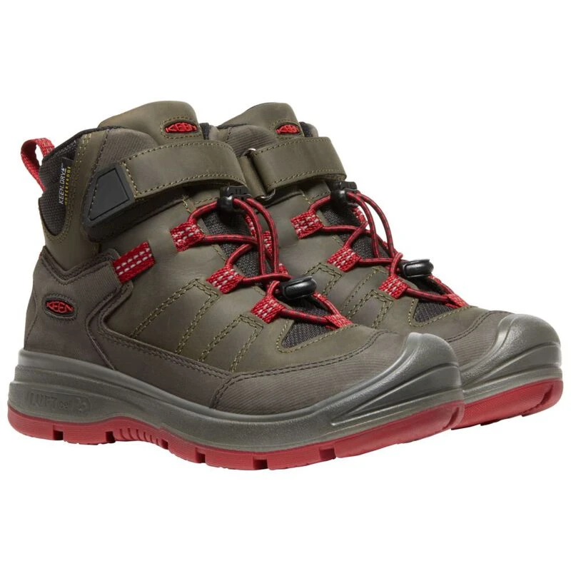 Keen Kids Redwood Mid WP Waterproof Hiking Boots Steel Grey Red Dahli