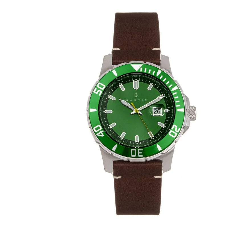 Nautis Mens Dive Pro 200 Leather Band Watch (Green)