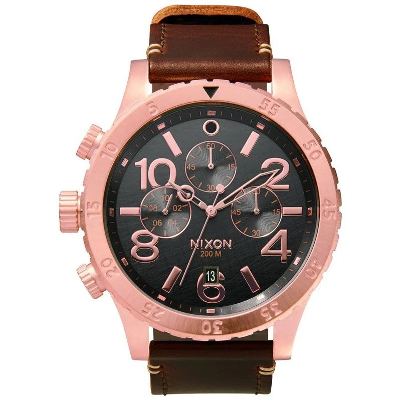Nixon Mens 48 20 Chrono Leather Watch Rose Gold Gunmetal Brown Spo