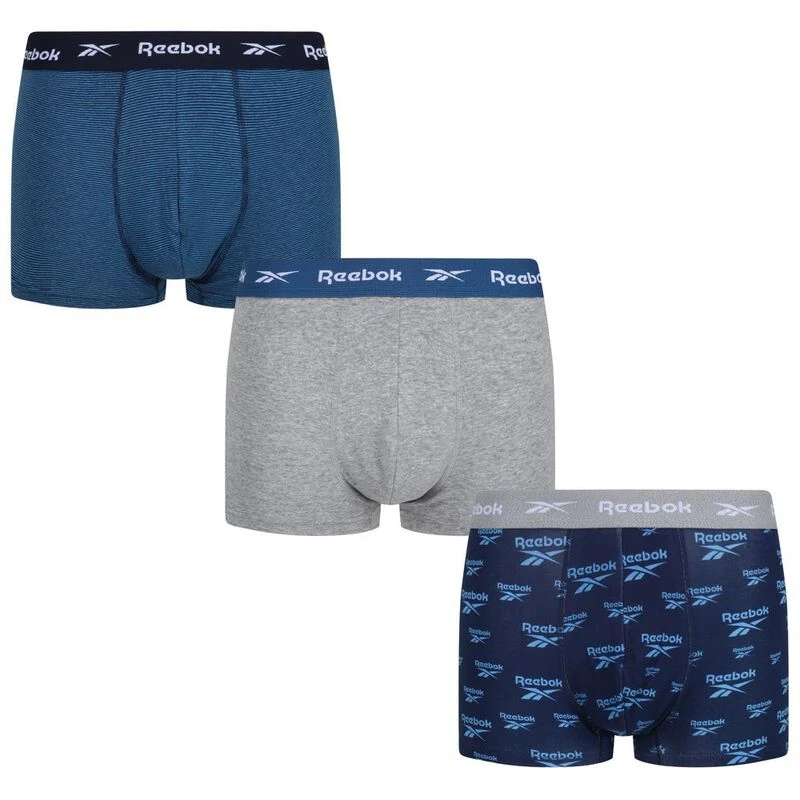 Reebok Mens Everyday Boxers 3 Pack Grey Marl Vector Navy Print Stri