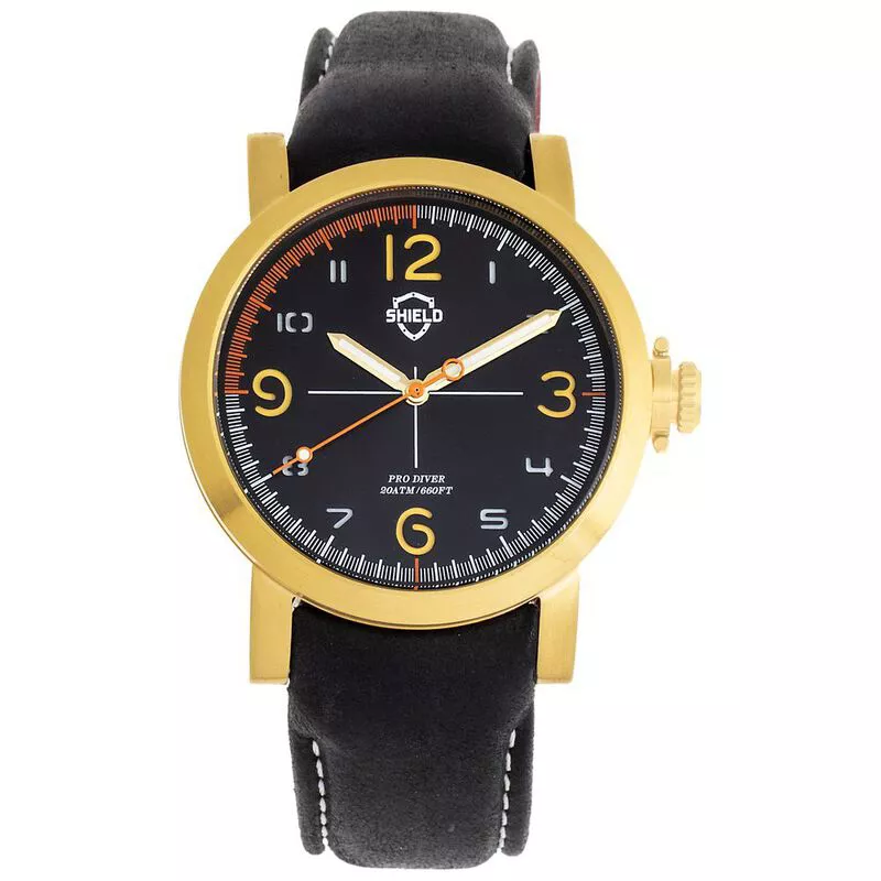 Shield Mens Berge Leather Band Diver Watch Gold Black Sportpursuit
