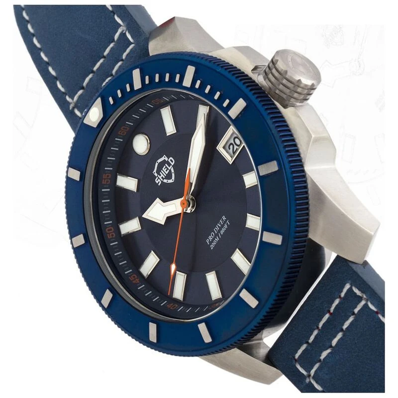 Shield Mens Shaw Leather Band Diver Watch Silver Blue Sportpursuit