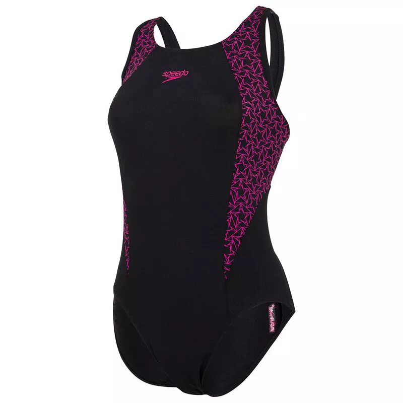 Speedo Womens Boomstar Splice Flyback Swimsuit Black Pink Sportpur