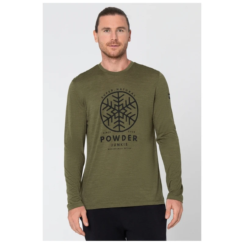 Super Natural Mens Powder Junkie Longsleeve Top (Olive Night/Jet Black