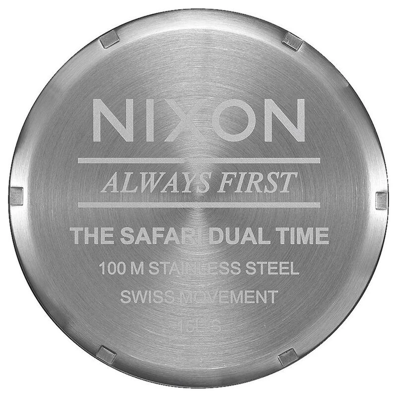 Nixon Mens Safari Dual Time Leather Watch Silver Saddle Sportpursu