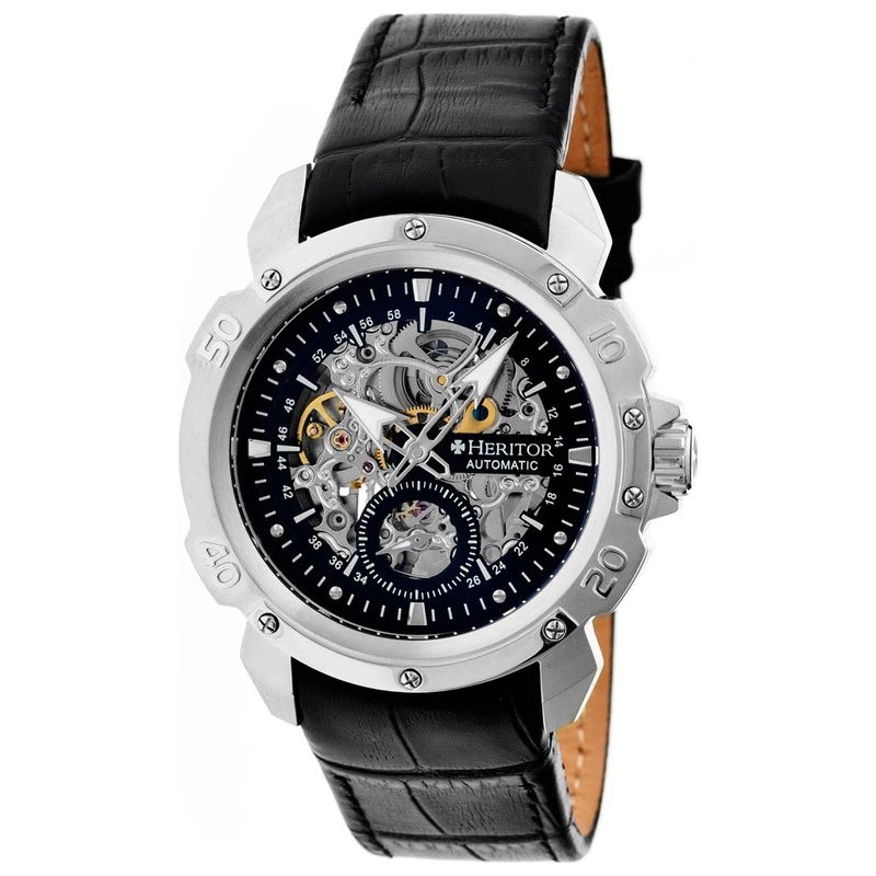 Heritor Mens Conrad Skeleton Watch Silver Black Sportpursuit